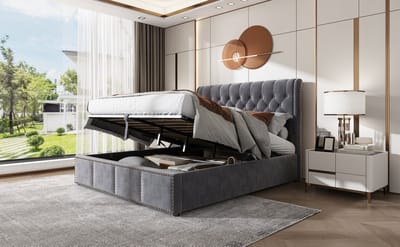 Wishdor Gestoffeerd Opbergbed 140x190 cm - Hoofdbord 103 cm - Hydraulische Lift - Grijs Fluweel - Strak & Ruim