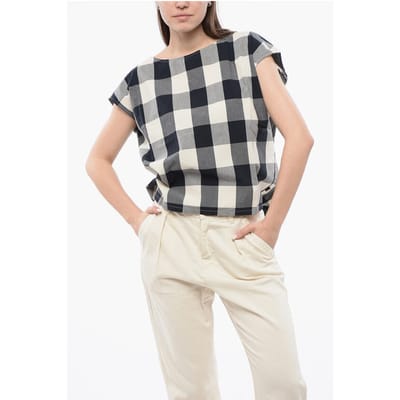 Mouwloze blouse van katoen met ruitjesmotief en trekkoord in wit, blauw en grijs
