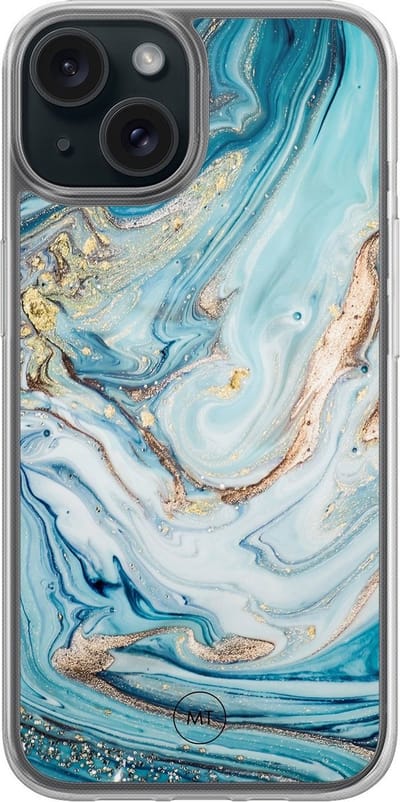 Hybride hoesje geschikt voor iPhone 13 - Marmer blauw goud - Extra bescherming - Luxe beschermhoes - TPU case - Transparant, Blauw, Goud - Mooie Telefoonhoesjes