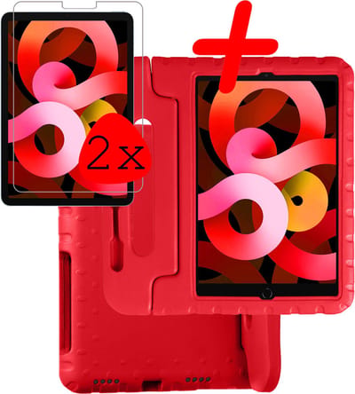 Hoesje Geschikt voor Apple iPad Air 5 (2022) - 10.9 inch - 5e Generatie - M1 - Met 2x Screenprotector - Kinderhoes Shockproof Bumper - Kidsproof Case - Tablet Hoes - Kinder Hoes Cover - Rood