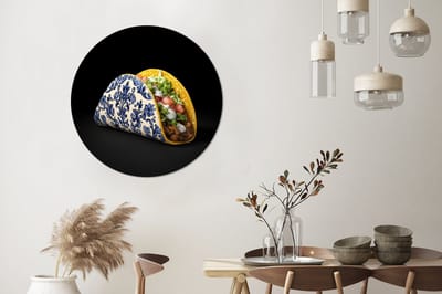 WallCircle - Wandcirkel - Muurcirkel - Taco - Vlees - Salade - Delftsblauw - Motief - Aluminium - Dibond - 90x90 cm - Binnen en Buiten