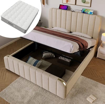 MEUNIQ tweepersoons opbergbed 140x200 cm met matras, USB en USB-C in hoofdbord, hydraulische bergruimte, lattenbodem, beige linnenlook bed voor slaapkamer