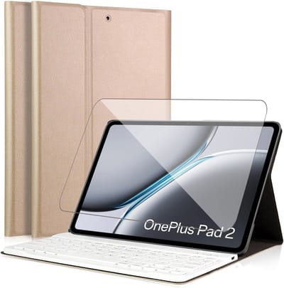 Hoes met toetsenbord geschikt voor Oppo Pad 3 Pro / OnePlus Pad 2 / OnePus Pad Pro 12.1 - Screen Protector GlassGuard - Keyboard Book Case Cover Hoesje Goud & Screenprotector