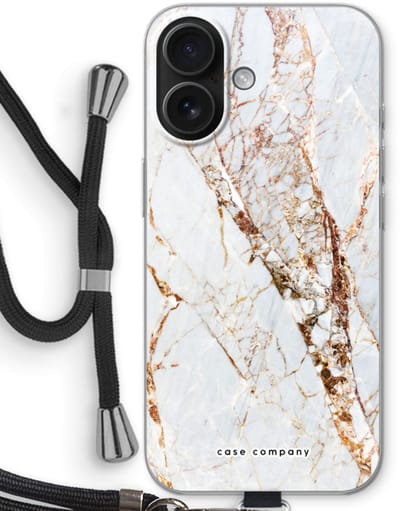 Case Company® - Hoesje met koord geschikt voor iPhone 16 hoesje met Koord - Goud marmer - Telefoonhoesje met Zwart Koord - Bescherming aan alle Kanten en Over de Schermrand