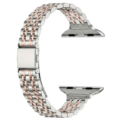 Zilverkleurig roségoudkleurig horloge bandje dames heren smal staal schakel band geschikt voor Apple Watch 38 mm / 40 mm / 41 mm / 42 mm (serie 10 / 11) – tweekleurige metalen horlogeband met vouwsluiting