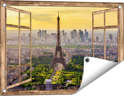 Gards Tuinposter Doorkijk Skyline van Parijs met de Eiffeltoren - 60x40 cm - Tuindoek - Tuindecoratie - Wanddecoratie buiten - Tuinschilderij