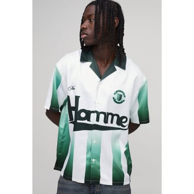 Oversized Shirt Met Korte Mouwen En Homme Sportprint In Satijn | Green | Size XS