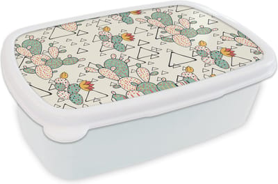 Broodtrommel Wit - Lunchbox - Brooddoos - Patroon - Cactus - Driehoek - 18x12x6 cm - Volwassenen