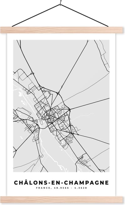 Posterhanger incl. Poster 40x60 cm - Schoolplaat - Frankrijk – Plattegrond – Kaart – Châlons-en-Champagne – Stadskaart - Textielposter - Blanke latten - Stadskaart