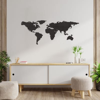 Wanddecoratie Wereldkaart Hout - Muurdecoratie Wereldkaart Zwart - Muurdecoratie Hout - Wanddecoratie Hout - Muurdecoratie Woonkamer - Wanddecoratie Woonkamer - Wanddecoratie Industrieel - Home Decor - Wall Line Art - 125 x 55 cm