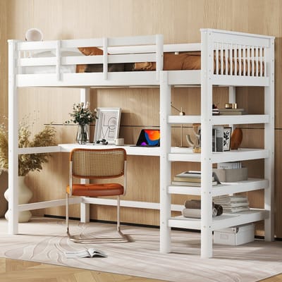 REDOM Hoogslaper 90x200 cm – Met bureau en opbergvakken – Grenenhout & MDF – Wit