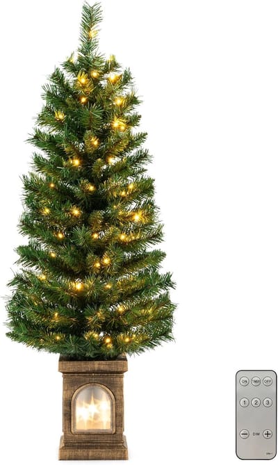 COSTWAY 120 cm kunstkerstboom met verlichting, dennenboom in pot, 3 lichtmodi, met warmwitte LED-lampjes & timer & 160 PVC-takkenpunten, kerstboom in pot voor hal, huis, kantoor, groen