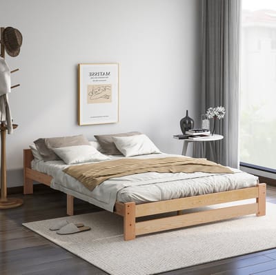 MEUNIQ Houten bedframe 140x200 cm met hoofdbord en lattenbodem, grenen bed voor slaapkamer, tweepersoonsbed in naturel, afmeting 205 x 147 x 49 cm