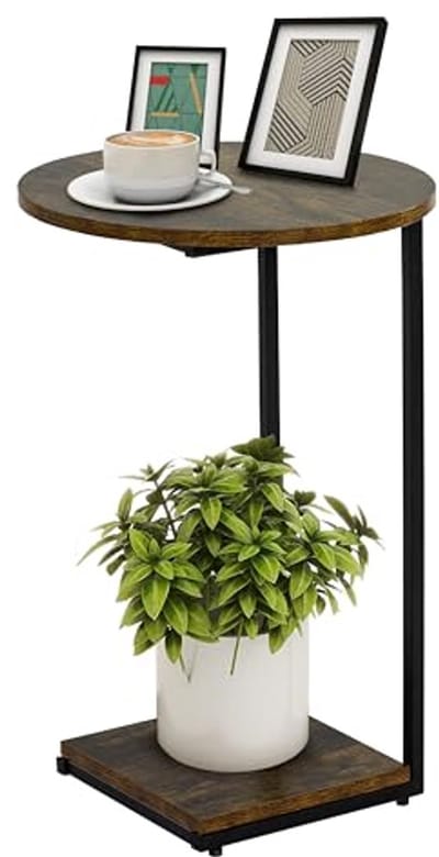 C-vormige bijzettafel voor woonkamer en slaapkamer - moderne salontafel in rustiek bruin en zwart - 40x40x60cm