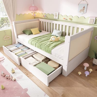 PHOEBE CAT Kinderbed - 90 x 190 cm - 2 lades - Slaapbank - Gestoffeerd hoofdeinde - Wit