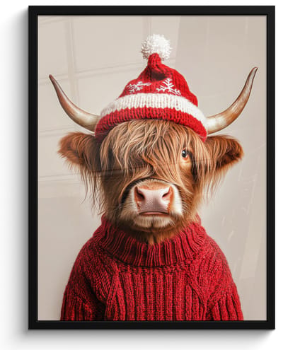 Poster in lijst - Fotolijst 50x70 cm - Posters - Schotse Hooglander - Kerst - Muts - Trui - Winter - Posterlijst zwart - Decoratie - Wanddecoratie woonkamer - Muurdecoratie slaapkamer - Kerstversiering - Kerstdecoratie voor binnen - Kerstmis