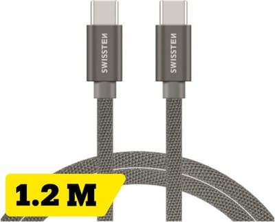 Swissten USB‑C naar USB‑C Oplaadkabel 1,2 meter – Power Delivery Snellader – voor Samsung, iPad, MacBook & iPhone 15,16,17 – Gevlochten Nylon – Grijs