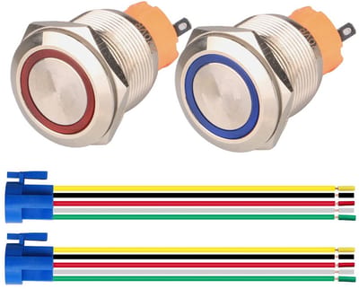Drukknop Schakelaars - Momentary Knoppen - Elektronica Projecten - Verlichte LED Ring - 22mm Montagegat - Blauw Rood