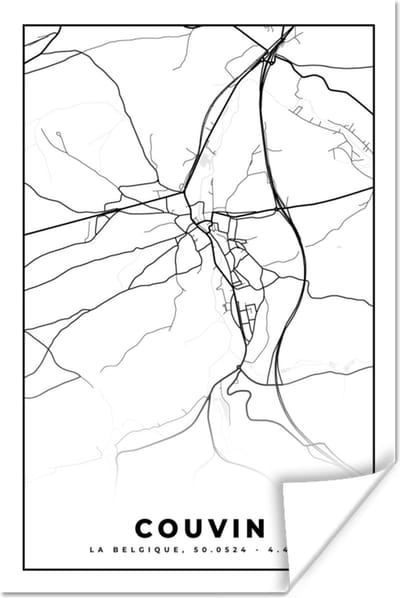Poster Plattegrond – Couvin – Zwart Wit – Stadskaart - Kaart - België - 120x180 cm XXL