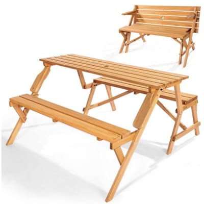 VEVOR 2-in-1 converteerbare en verwisselbare picknicktafel, houten tafel en bankenset voor buiten, draagbare opvouwbare bank met parasolgat, eetkamermeubilair voor tuin, achtertuin, veranda (bruin)