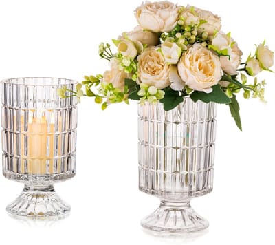 Set van 2 unieke glazen compote vazen - kristallen vaas voet decor - heldere bloemenvazen voor woonkamerdecoraties - orkaan sokkel urn voor eettafel ornament op voet