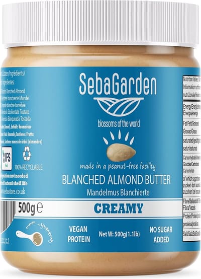 Seba Garden Geblancheerde Amandelboter 500 gr, zoutvrij, ongezoet, glutenvrij, pindavrij, veganistisch, paleo Seba Garden Blanched Almond Butter, 500 gr