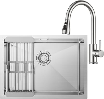 CECIPA Max Spoelbak voor keuken 60x44cm - Inbouwspoelbak - Spoelbakken Keuken Met Keukenkraan Met Uittrekbare Uitloop - Spoelbak Met Verstelbaar Mandje - Met Afdruiprek - RVS