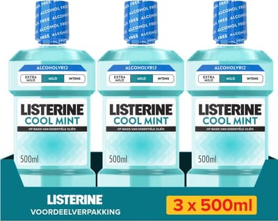 Listerine Cool Mint Mild Mondspoeling, Met Essentiële Oliën, Tegen Slechte Adem en Tandplak, Mild Muntsmaak, 3x500 ml