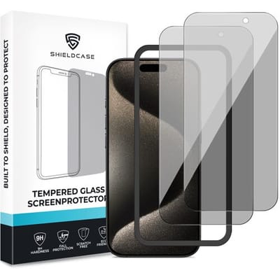 ShieldCase Privacy screenprotector geschikt voor Apple iPhone 15 Pro screenprotector - Geleverd met montage frame - 2-pack verpakking - screen protector gemaakt van gehard glas