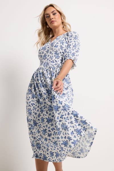 Yours Witte Maxijurk Met Bloemenprint, Polka Dots En Notch Neck Size 46