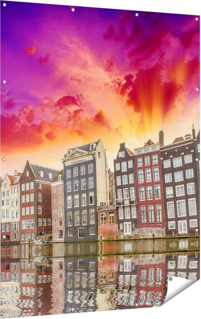 Gards Tuinposter Amsterdamse Huisjes bij het Kanaal - Kleur - 120x160 cm - Tuindoek - Tuindecoratie - Wanddecoratie buiten - Tuinschilderij