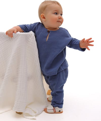 RobyKris Baby Shirt - Katoenen mousseline - Blauw - Maat 62-68