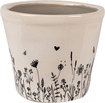 Keramiek Bloempot voor Binnen – Zwart Bloemen – Rustieke Pot – Ø 12 cm – Bloemenmotief