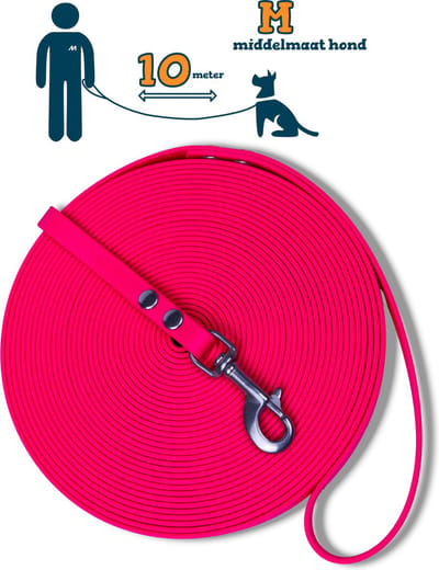 Miqdi lange lijn - BioThane® – neon roze - 10 meter lang – 13mm breed – M – middelmaat hond – lange hondenriem