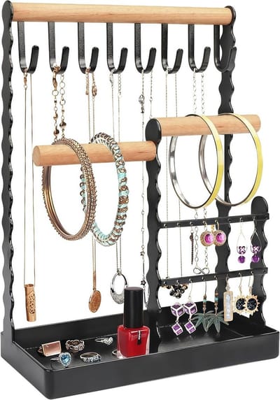 Sieradenhouder met houten ring en bladeren, organizer voor kettingen, oorbellen, armbanden en ringen, perfect voor opberging en decoratie.