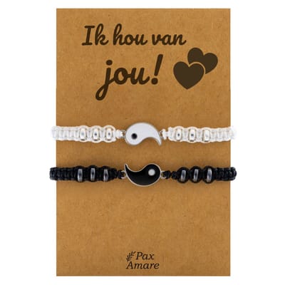 Vriendschapsarmbandjes voor 2 "Ik hou van jou!" - Yin Yang - BFF Armbandjes met Cadeau Kaartje - Zwart & Wit - Elastisch Verstelbaar - Pax Amare