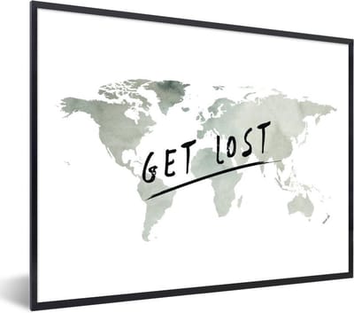 Poster in lijst - Fotolijst 80x60 cm - Posters - Wereldkaart - Grijs - Wit - Posterlijst zwart - Decoratie - Wanddecoratie woonkamer - Muurdecoratie slaapkamer
