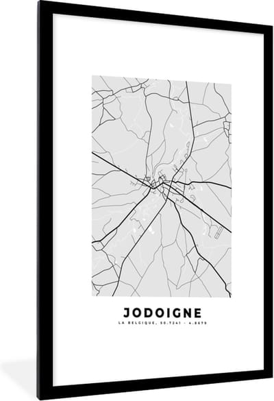 Fotolijst incl. Poster Zwart Wit- Stadskaart – Plattegrond – België – Zwart Wit – Jodoigne – Kaart - 60x90 cm - Posterlijst