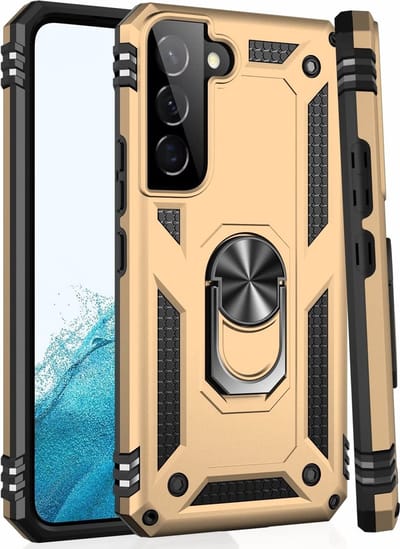 Hoesje Geschikt Voor Samsung Galaxy S22 Plus Hoesje Anti-Shock Hybrid Armor Goud - Hoesje Geschikt Voor Samsung Galaxy S22 Plus hoesje met Kickstand Ring Houder - Kunststof - Back Cover