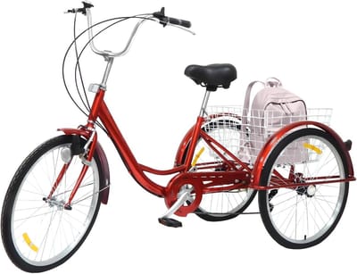 Driewieler voor volwassenen - Comfortabele fiets - Winkelen en vrije tijd - Met grote mand - 24 inch - Rood
