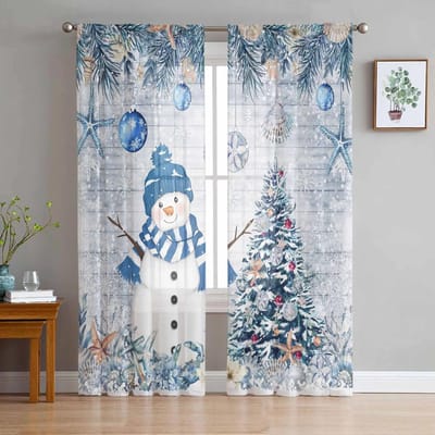 Kerst Winter Sneeuwpop Transparante Gordijnen voor Woonkamer Decoratie Raamgordijnen Keuken Tule Voile Gordijnen W135 x H115cm x1 gray