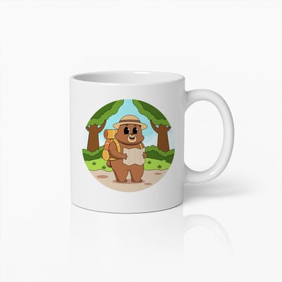 Avontuurlijke Beer Beker – Schattig Wandelende Beer Ontwerp voor Natuurliefhebbers & Kampeerders – 330ml Keramisch Outdoor Cadeau
