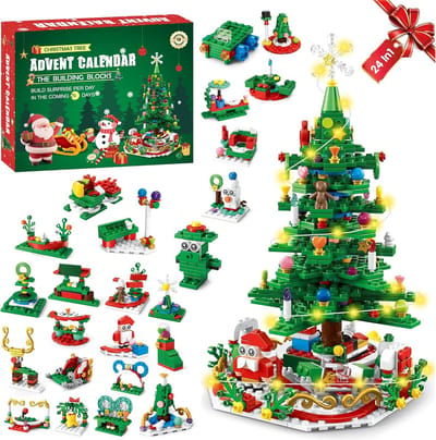 Adventskalender 2025 - Kerstboombouwstenenset - 24-daagse kerstaftelsteenset - 24-in-1 kerstbouwstenenspeelgoedcadeau - Kerstcadeau voor kinderen en volwassenen - met warm LED-licht