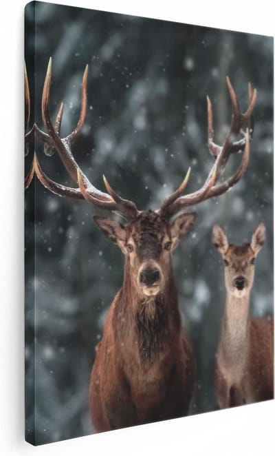 Artaza Canvas Schilderij Hertenkop Met Gewei - 30x40 cm - Klein - Muurdecoratie Winterbos - Wanddecoratie Sneeuw - Kamer Accessoires