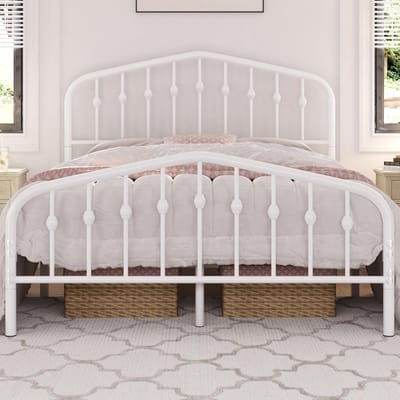 Vintage Metalen Tweepersoons Bedframe 140x200 cm met Kroonvormig Hoofdbord en Lattenbodem – Stevig, Squeak Resistant en Eenvoudig te Monteren – Wit
