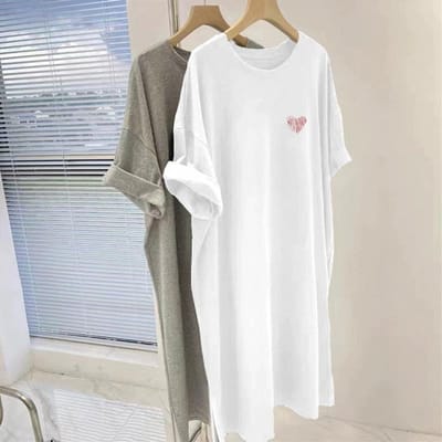 T-shirtrok van puur katoen voor dames, zomer, grote maat, losvallend, medium en lang, T-shirt met korte mouwen, top, temperamentvol, dun, knielengte jurk M white