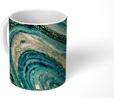 Mok - Koffiemok - Marmerlook - Luxe - Goud - Turquoise - Glitter - Mokken - 350 ML - Beker - Koffiemokken - Theemok