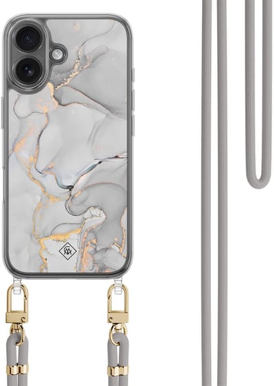 Casimoda® hoesje met grijs koord - Geschikt voor iPhone 17 - Marmer Grijs - Afneembaar koord - TPU/polycarbonaat - Grijs