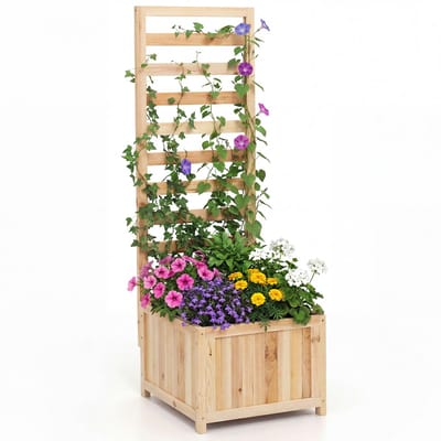 COSTWAY Bloembak met klimrek, plantenbak voor klimplanten, plantenpot met privacyscherm, verhoogd bed met leiboom, binnenbekleding en drainagegaten, bloempot voor tuin of balkon, hout, 123 cm hoog, naturel
