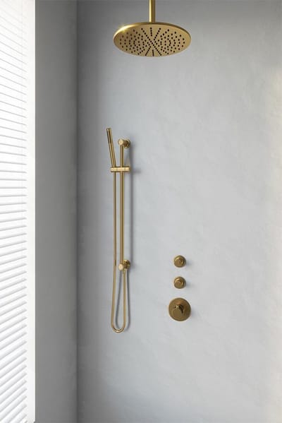 Brauer Gold Edition thermostatische inbouw regendouche SET 18 met 30 cm douchekop en plafondarm en staaf handdouche en doucheslang en geïntegreerde glijstang goud geborsteld PVD